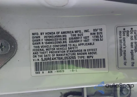2010 Honda Cr-V Ex-L z USA, uszkodzony, nr VIN 5J6RE4H78AL053265